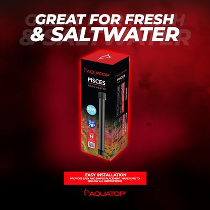 Aquatop 25W Pisces Nano Heater – Fully Submersible for Nano Fish Tanks Up to 8 Gal – Preset 78°F – Heat-Resistant Water Heater for Small Aquariums - size: 25W