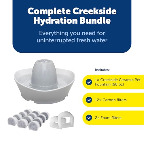PetSafe Creekside Ceramic Pet Fountain, 60 Oz, Extra Filters | 60 Oz Capacity, Whisper-Quiet Flow, Includes 12 Extra Carbon & 2 Extra Foam Filters, Dishwasher Safe, Cats & Small Dogs - style: Fountain + 12 Carbon Filters + 2 Foam Filters