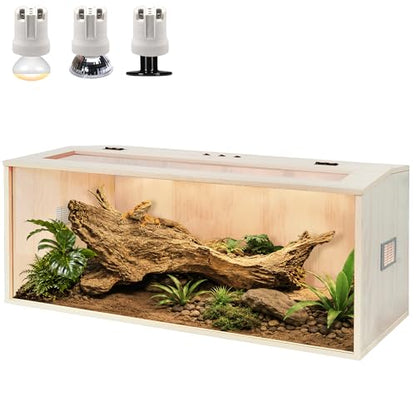 Bearded Dragon Tank,Wooden Reptile Tank and Lizard Tank,Tempered Glass Large Bearded Dragon Enclosure with Built-in Lamp Fixture (48X20X20inch,80 Gallons) - color: Wooden Roof, size: 48X20X20inch,80 Gallons