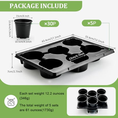 RooTrimmer 6 Inch Plastic Plant Pots 30 Pack and 6 Cell Nursery Pots Trays 5 Pack, Sturdy Seeds Starting Germination Shuttle Carrying Trays, Black Nursery Planting Propagation 5 Sets - color: Black + Black, size: 6 Inch 30 Pack Pots With 5 Pack Trays