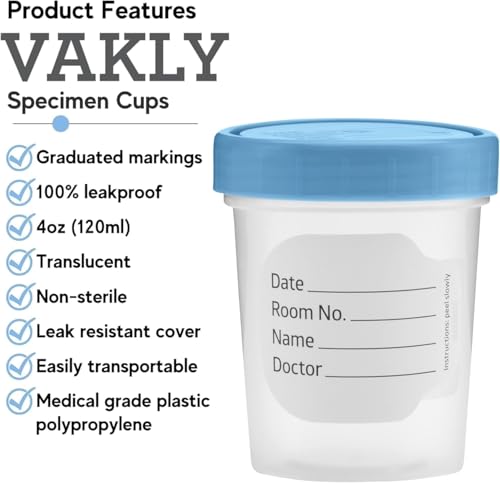 Vakly 4 oz Specimen Cups with Screw-On Lids Clear Non-Sterile 10 Pack | Medical sample container for lab testing, diagnostics, specimen transport, home testing, durable plastic, leak-resistant seal