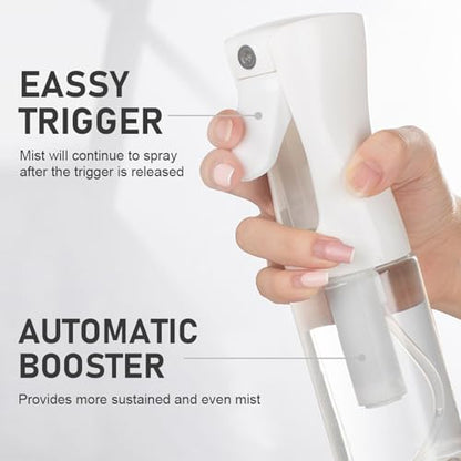Continuous Spray Bottle for Hair, Refillable Gentle Mister (2 Pack, 6.8 Oz) | Long-Lasting Misting, Ultra-Fine Mist for Hairstyling, Cleaning Solutions, Planting, Pets, Barbers, Salons, Essential Oils - style: White & Black