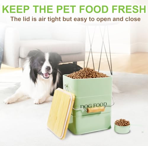 Dog Food storage container Dog Treats Jar,5~6 lb Metal food treats tin for Dog, pet snacks Canisters with wooden lid/handle/sevice scoop-Green - color: Dog-Green