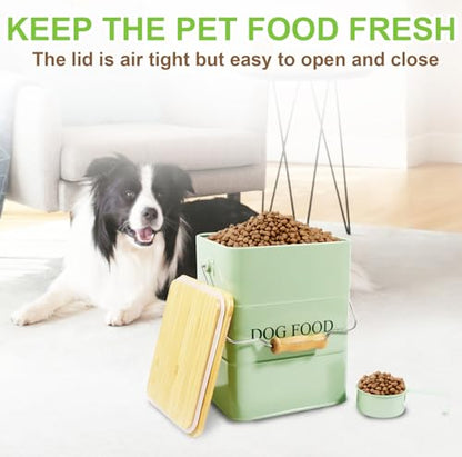 Dog Food storage container Dog Treats Jar,5~6 lb Metal food treats tin for Dog, pet snacks Canisters with wooden lid/handle/sevice scoop-Green - color: Dog-Green