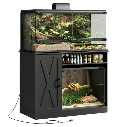 Herture 120 Gallon Reptile Tank Stand,48 X 24 for 120 Gallon Reptile Tank | with Storage Cabinet, Outlet Power, Adjustable Shelf, Double Terrarium Stand for Bearded Dragon Snake FEED001B Black