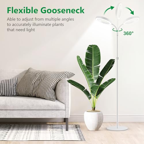 Aumtrly Floor Grow Light Full Spectrum with 68" Stand for Tall Indoor Plant | 80 LED Growing Lamp for Large Plants with 6/12/16H Timer, 5 Dimming, White Halo Design, Adjustable Height, Flexible Gooseneck - size: 1 head 68inch/white