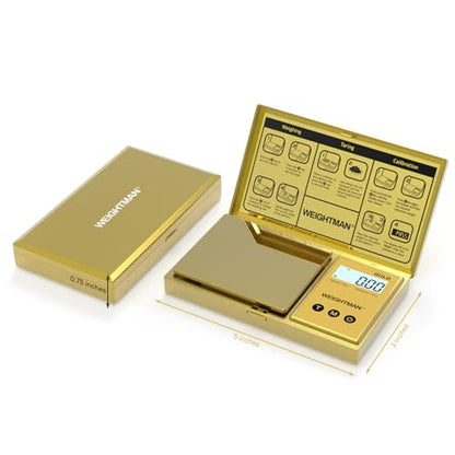 WEIGHTMAN Digital Scale Gram, 200g/0.01g Pocket Scale Gold Titanium Plating | LCD Backlit Display, Mini Jewelry Scale with 6 Units, Auto Off, Tare Function for Food, Coins, Battery Included - color: Gold