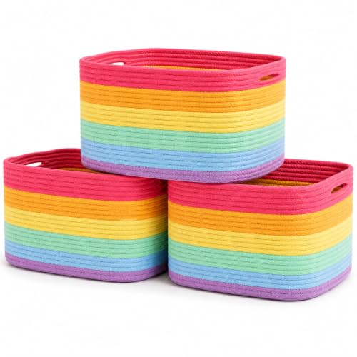 OrganiHaus Rainbow Baskets for Shelves, Set of 3, 15x9x10 | Colorful, handwoven cotton rope; a toy bin for playroom, classroom, or girls' room decor; great for nursery too - color: Rainbow