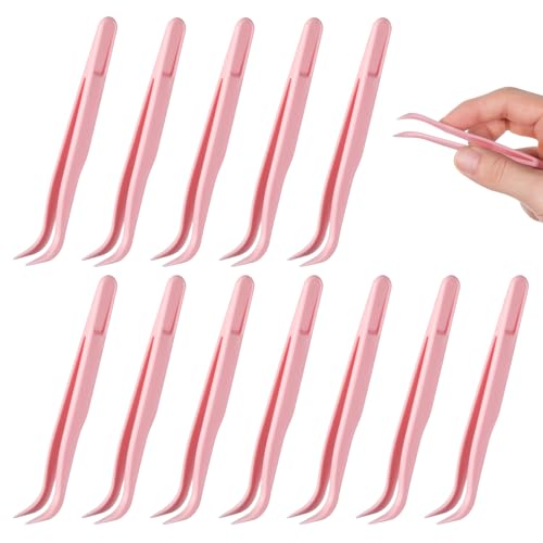 Xelsluthe 12 Pack Plastic Tweezers for Crafts, 4.5 Inch Bent Tweezers for Jewelry Making, Baking Decoration, Reptile Feeding, Bead Bracelets, Pink