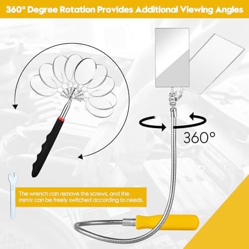 Telescoping Inspection Mirror Set – 360° Viewing for Auto & Home Use | Telescoping Rod & Bendable Rod, 360° Swivel Mirror, Round & Square Heads, 4 Replaceable Mirrors, Storage Bag Included