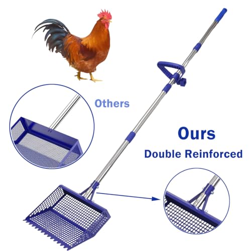Chicken Poop Scooper & Rake 2-in-1, 304 Stainless Steel Shovel Head - 2X Waste Removal, Easy Clean Anti-Rust Litter Sifting Scoop, Cattle Pen & Beach Sand | Back-Knee Friendly Chicken Coop Accessories
