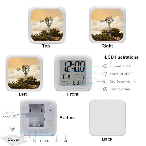 Windmill Alarm Clock, Windmill Farmhouse Sunset Field Trees Rustic Digital Clock Night Light with 7 Color, Calendar Temperature Display, NightLight Clock for Bedroom, 3.2x3.2in - color: Gold,amber,green