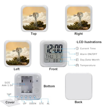 Windmill Alarm Clock, Windmill Farmhouse Sunset Field Trees Rustic Digital Clock Night Light with 7 Color, Calendar Temperature Display, NightLight Clock for Bedroom, 3.2x3.2in - color: Gold,amber,green