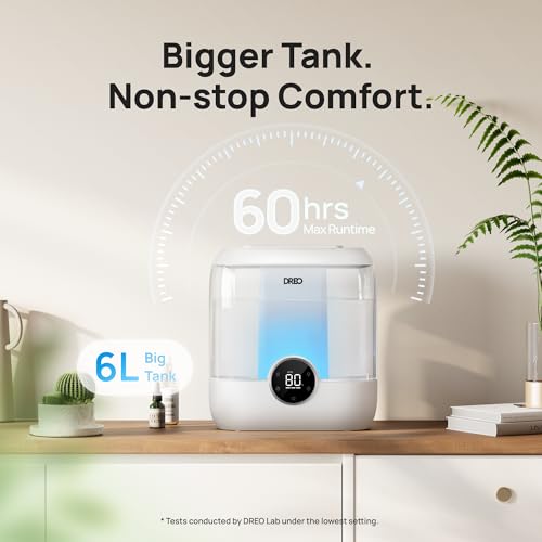DREO 6L Humidifiers for Bedroom, 60H Runtime, 28 dB Quiet, HM524 | Precise Humidity Control, Easy to Refill & Clean, Nightlight, Cool Mist Humidifiers for Large Room, Baby Nurseries & Plants