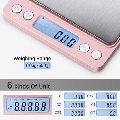 Fuzion Digital Scale .01 Gram Accuracy, 500g Small Kitchen Food Scales | 2 Trays Included for Jewelry, Gold, Herb, Powder, Spice, Coffee, Coin - Weight Gram and Oz - color: Pink