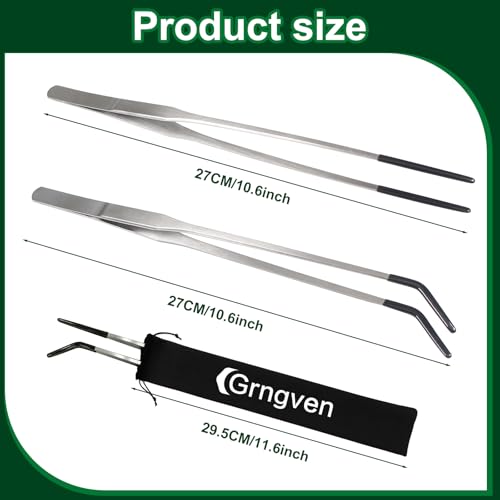 Stainless Steel Reptile Feeding Tongs 10.6" Straight and Curved Long | 2PCS Terrarium with Rubber Tip Aquascape Tools Feeder for Lizards, Bearded Dragon Snake Enclosure Tank Accessories