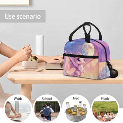 Dragon Lunch Box Kids Girl 10-12 Lunch Bag Kwaii Insulated Lunch Bag Outdoor Camping Lunchbox Cute Picnic Lunchbag with Shoulder Straps Moon Portable Lunch Boxes - color: Dragon Moon