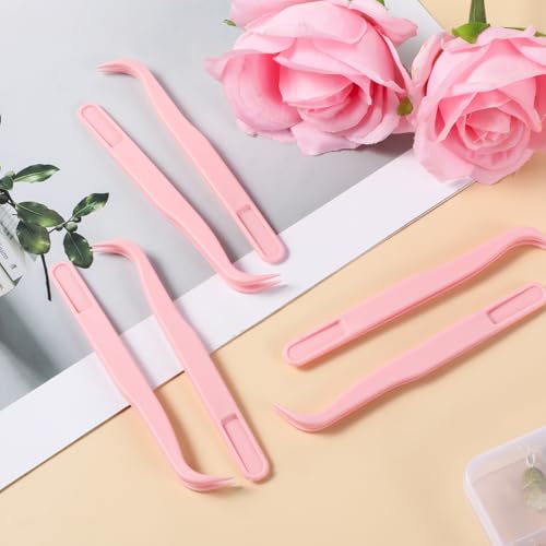 Xelsluthe 12 Pack Plastic Tweezers for Crafts, 4.5 Inch Bent Tweezers for Jewelry Making, Baking Decoration, Reptile Feeding, Bead Bracelets, Pink