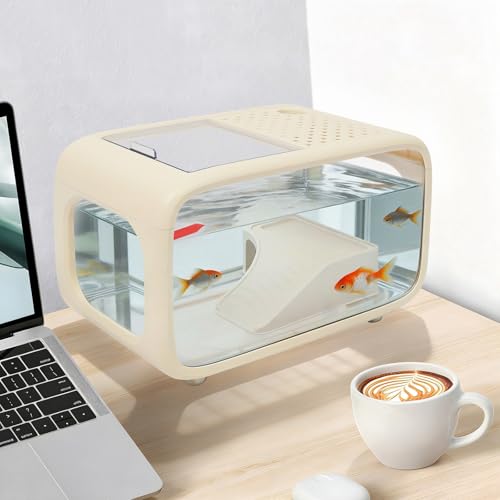 Desktop Fish Tank, 3.2Gal Small Betta Fish & Turtle Tanks, Aquarium Bowl with Detachable Basking Platform, Multi-Functional Areas Aquascape Tanks for Fish Terrapin Frog Shrimp Crab (White) - color: White