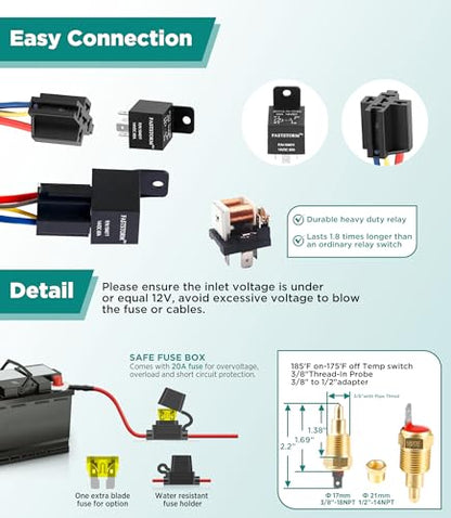 12V Dual Electric Fan Waterproof Relay Kit with Cooling Fans Rocker Switch with Jumper Wires Set 185 On 175 Off Temperature Sensor Switch for Cars Trucks RVs - style: Dual Fan Relay with Cooling Fans Rocker Switch Kit