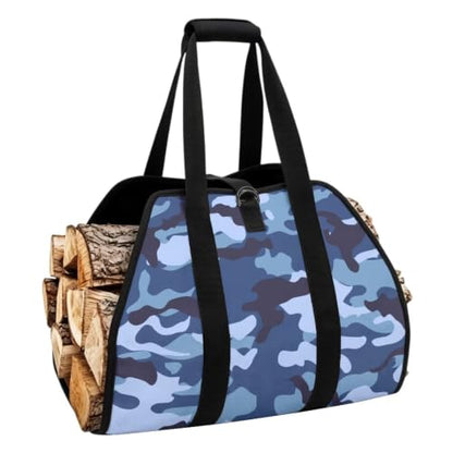 Urban Camo Print Firewood Log Carrier Foldable Wood Sack | with Reinforced Handles, Lightweight Portable, Large Capacity, for Camping and Backyard Parties - color: Navy Light Blue Urban Camo Print