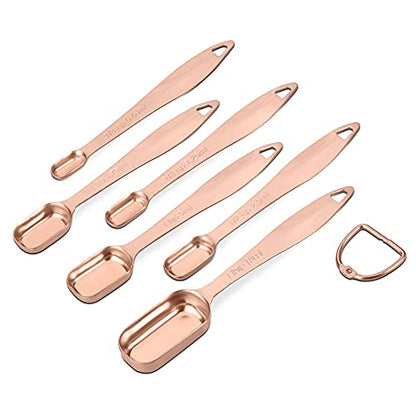 6-Piece 18/8 Stainless Steel Measuring Spoons Set, Rose Gold | Six Engraved US and Metric Sizes From 1/8 TSP to 1 Tbsp Fit Narrow Spice Jars and Stay Together On an O-shaped Ring - color: Rose Gold, size: 6 Piece
