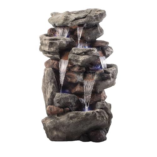 Alpine Corporation WIN730 Outdoor Floor Tiered Rock Waterfall Fountain with LED Lights and Natural Stone Look, 52", Brown - style: 5-Tier 52" H - Cool White LEDs