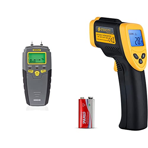 General Tools MMD4E Digital Moisture Meter, Grays & Etekcity Infrared Thermometer 1080, Heat Temperature Temp Gun for Cooking, Laser IR Surface Tool, Yellow