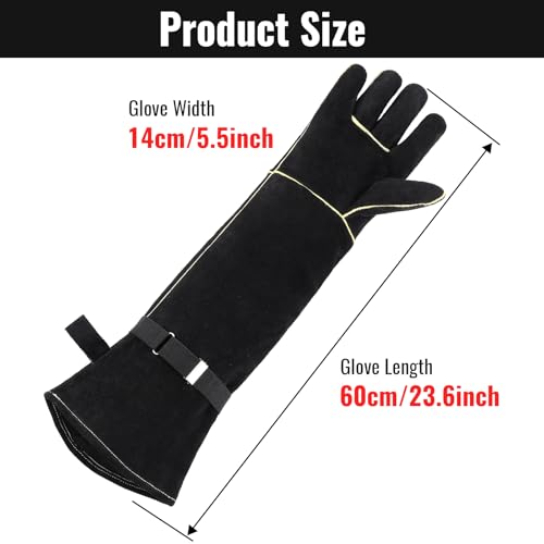Animal Handling Gloves Bite Proof, Thickened Leather Cat Gloves for Scratching, Falconry, Welding, 23.6 inch Black Yellow - color: Black Yellow