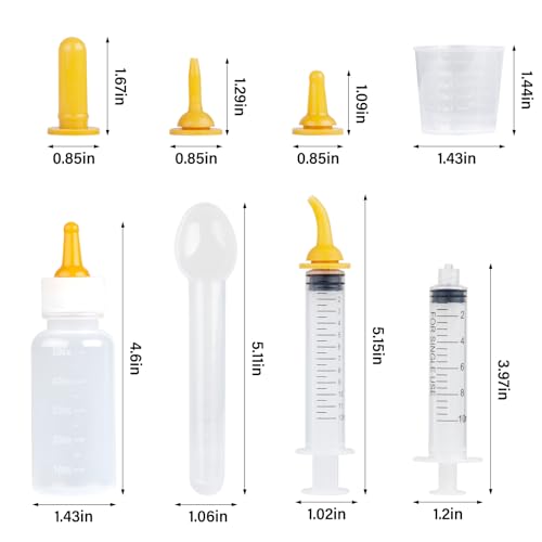 Feeding Syringe for Cats Dogs, Newborn Pet Feeding Kit - 50cc Bottle, 30ml Measuring Cup, 10ml Spoon, Interchangeable Nipple Syringe, 3 Nipple Sizes