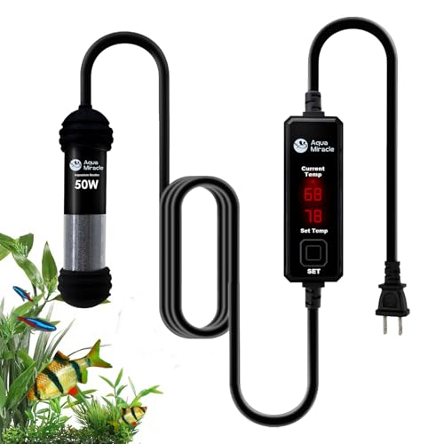 AquaMiracle 50W Small Aquarium Heater Fish Heater, Super Mini Fish Tank Heater Turtle Tank Heater for 5-10 Gal Tanks, with Dual LED Display, Dry-Run/Overheating Protection & Memory Function - size: 5-10 Gal Tanks