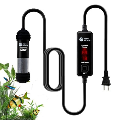 AquaMiracle 50W Small Aquarium Heater Fish Heater, Super Mini Fish Tank Heater Turtle Tank Heater for 5-10 Gal Tanks, with Dual LED Display, Dry-Run/Overheating Protection & Memory Function - size: 5-10 Gal Tanks