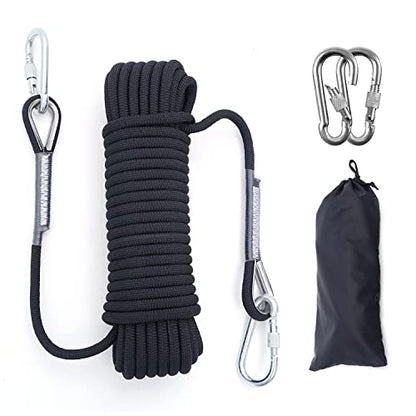 10mm/12mm (32FT/64FT) Climbing Rope, Outdoor Static Rock Climbing Rope, Tree Climbing Rappelling Rope, Escape Nylon Rope, Ice Climbing Equipment Fire Rescue Parachute Rope with 2 Steel Hooks - color: Black, size: 12mm/64ft