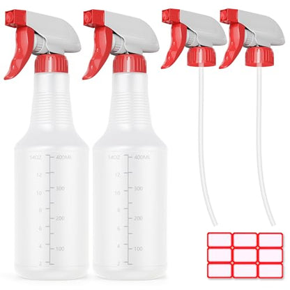 Veco Spray Bottle (2 Pack&2 extra Nozzle,16 Oz) with Measurements and Adjustable Nozzle, HDPE Plastic Spray Bottles for Cleaning Solution, Household/Commercial/Industrial Use, No Leak and Clog - size: 16 oz 2Pack