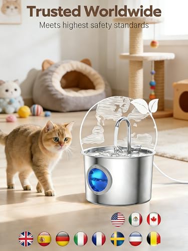 Cat Water Fountain Advanced 304 Stainless Steel 2.2L/74oz with Detachable Tank, Easy to Clean, Automatic Pet Fountain Quiet Cats Water Dispenser, Perfect for Cats Dogs Indoor