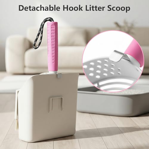 Cat Litter Scoop with Holder, 3 in 1 Metal Kitty Scooper | Heavy Duty Deep Litter Sifter with Dustpan & Mini Broom, Dual Coarse & Fine Grid, Quick Sift, Universal for All Cat Litter - color: Pink, size: Large
