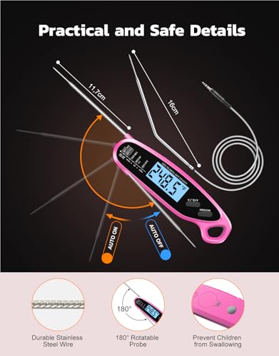 Instant Read Meat Thermometer Digital with Dual Probe | Large Backlit, Food Thermometer for Cooking, Grilling, Smoker, BBQ, Candy, Oil Fry, Pink Kitchen Accessories, Gift for Women - color: Pink
