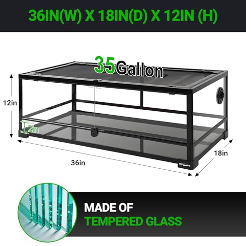 REPTI ZOO Full Glass 35 Gallon Reptile Tank, Front Opening Wide & Low Reptile Terrarium 36" x 18"x 12" for Lizard Gecko Tortoise Snake, Top Screen Ventilation & Anti Escape Lid