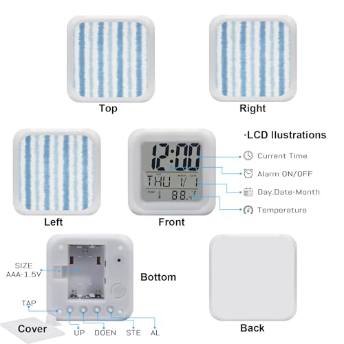 Abstract Blue Stripes Alarm Clock, Rustic Watercolor Denim Striped Classic Digital Clock Night Light with 7 Color, Calendar Temperature Display, NightLight Clock for Bedroom, 3.2x3.2in - color: Blue, Navy, White