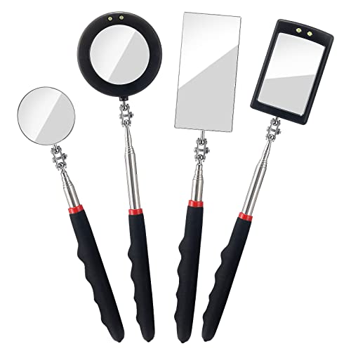 4PCS Telescoping Inspection Mirror LED Lighted Inspection Mirror for Mechanic Checking Vehicle, Car, Eyelashes, Mouth, Small Parts Observation (Extendable, Rectangle & Round)
