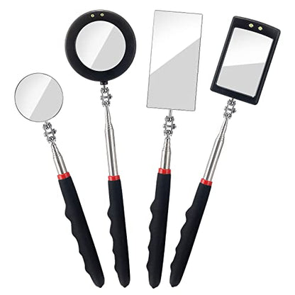 4PCS Telescoping Inspection Mirror LED Lighted Inspection Mirror for Mechanic Checking Vehicle, Car, Eyelashes, Mouth, Small Parts Observation (Extendable, Rectangle & Round)