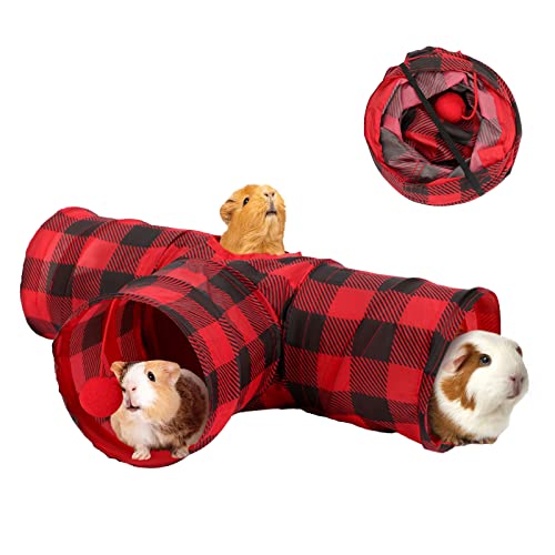 YUEPET 3 Way Bunny Hideout Tunnel, Guinea Pig Toys, Red Plaid | Guinea Pig Tunnel and Tubes, Collapsible Design, Hanging Play Ball, Peekaboo Opening for Bunny Guinea Pig Ferret Kitten - color: Plaid