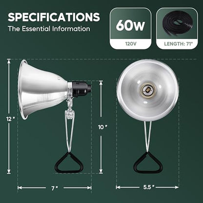 HealSmart 5.5" Clamp Light Socket, 60-Watt Maximum with 6 Feet 18/2 SPT-2 Cord, Aluminum Reflector E26 (no Bulb Included), for Reptiles and Plants Growing, (Pack of 1) - size: 5.5 Inch (60 Watts), style: 1-Pack