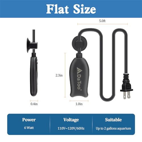 DaToo Super Mini Aquarium Heater 6 Watts Small Fish Tank Flat Heater 6W with Free Thermometer Strip Submersible Slim Betta Heater for Up to 2 Gallon Desktop Aquariums