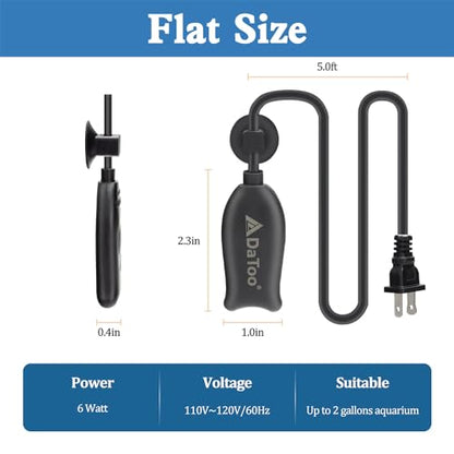 DaToo Super Mini Aquarium Heater 6 Watts Small Fish Tank Flat Heater 6W with Free Thermometer Strip Submersible Slim Betta Heater for Up to 2 Gallon Desktop Aquariums