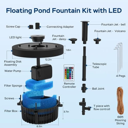 Floating Pond Fountain Pump with Lights | Remote Control RGB LED | 660GPH Pond Fountain Aerator | Floating Fountain with 3 Spray Patterns | for Ponds, Pool, Water Garden - size: For Ponds up to 6000 Gallon