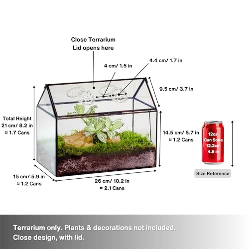 NCYP Glass Terrarium with Lid and Air Holes for Snails - 10.2" x 5.9" x 8.2" House Shape Geometric Clear Terrarium, Indoor Tabletop Decor Black (Plants Not Included)