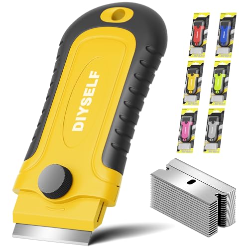 DIYSELF Razor Scraper Tool with 15 Extra Blades for Kitchen, Paint Scraper | Built-In Blade Storage Razor Scraper for Cooktops, Oven Glass, Windows and Tile, Paint Scraper for Stickers, Glue and Residue - color: Yellow, size: 1 Pack