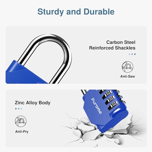 Puroma 1 Pack Combination Lock Locker 4 Digits Combo Padlock Gym Blue | For School Gate Fence Toolbox Hasp Storage, Outdoor, Resettable, Weatherproof, Side Window, Crack Cut Resist, Hardened Steel - color: Blue
