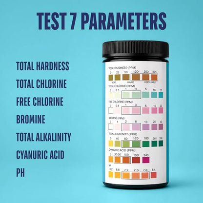Pool Test Strips for Pools and Spas - 7 in 1 Water Test 100 Pack | Includes 100 pool test strips that measure chlorine, bromine, pH, alkalinity, hardness and cyanuric acid in 30 seconds. - style: 100 STRIPS - 7 IN 1 POOL TEST STRIPS